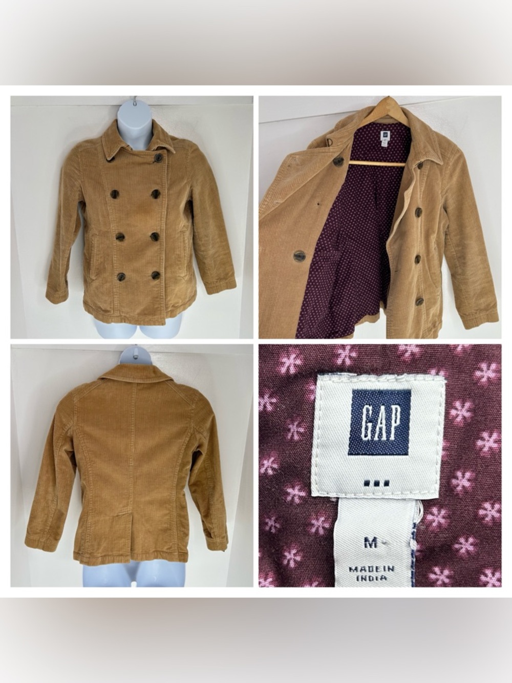 Vintage Gap Jacket Womens Medium Brown Corduroy Peacoat Trench Lined 90s‎ Y2K